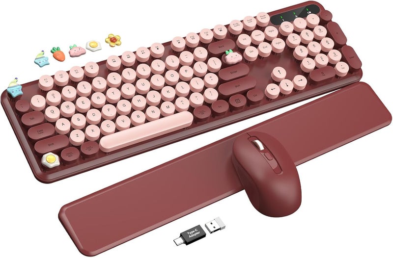 Trueque Wireless Keyboard and Mouse Combo - Cute Typewriter Keyboard with Detachable Wrist Rest, Retro Round Keycaps, Foldable Legs, 2.4GHz Full-Size Keyboard for PC, Laptop, Windows - (Wine Red) - Image 1